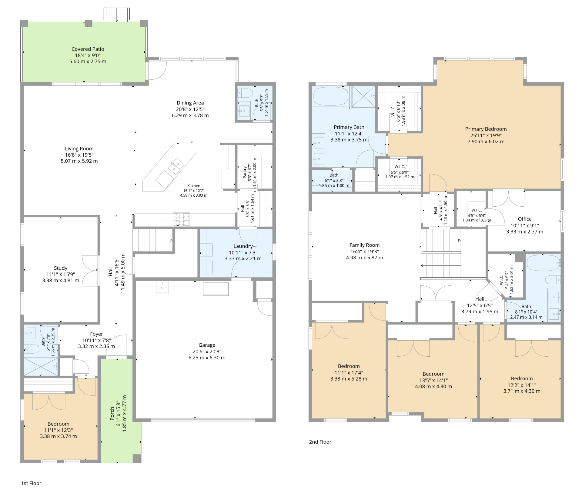 1st and 2nd floor plan for 2704 Nueva Cordova showing 5 bedrooms, 3.5 baths, in-law suite, kitchen, living areas, covered patio and garage